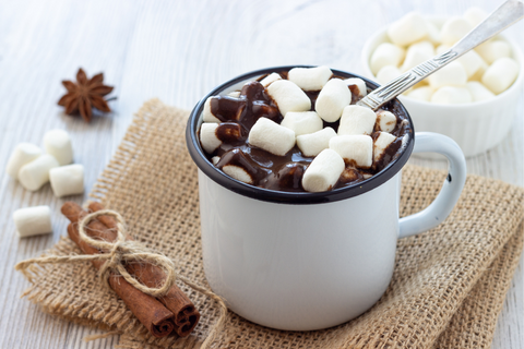 A white mug filled with hot chocolate and marshmallows.