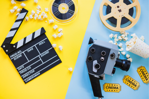 Clapboards, film, and popcorn