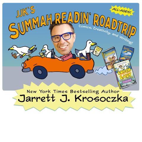 Jarrett driving a cartoon car surrounded by his characters. 