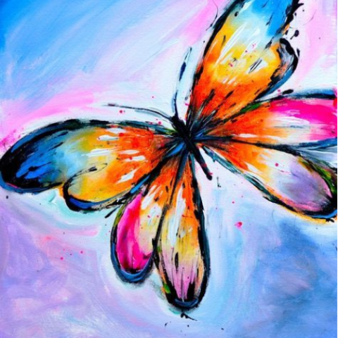 a painting of a colorful butterfly on a blue background