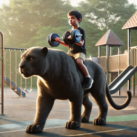 a person is riding on a black panther at a playground