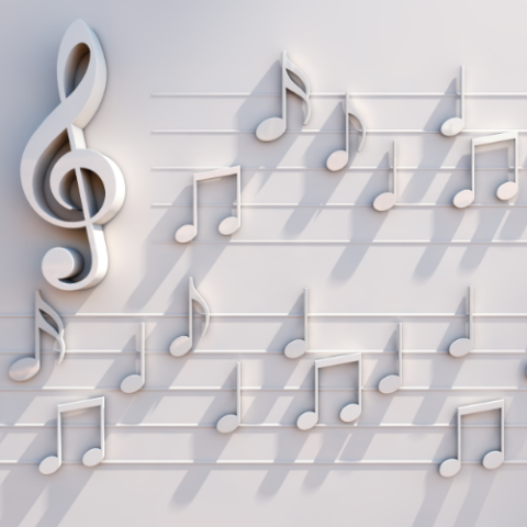 white music notes and treble clef on a white background