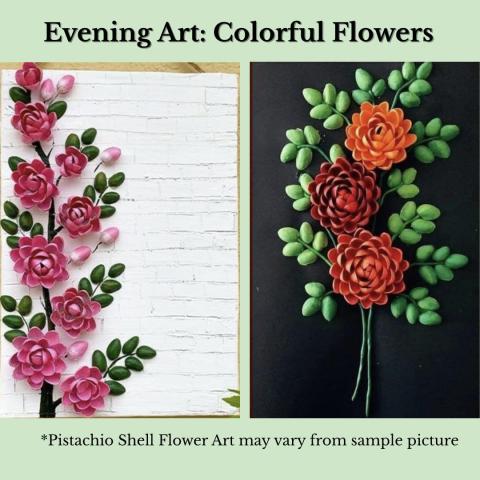 Pistachio shell floral art on white and black backgrounds