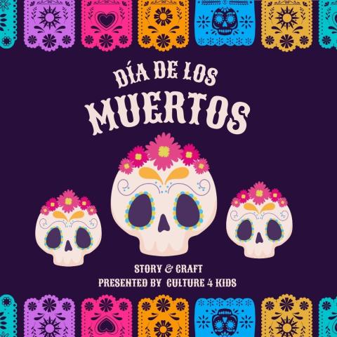 Dia De Los Muertos sign with colorful banner and three sugar skulls
