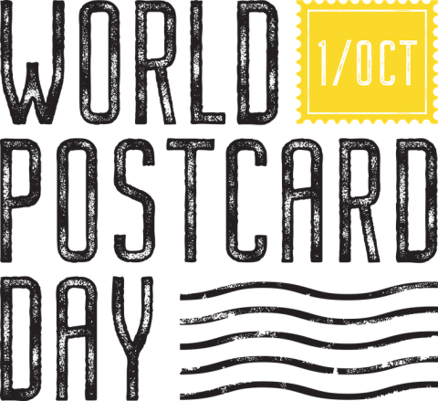 World Postcard Day text over checkered background