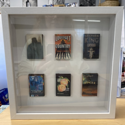 A shadow box with six books in it