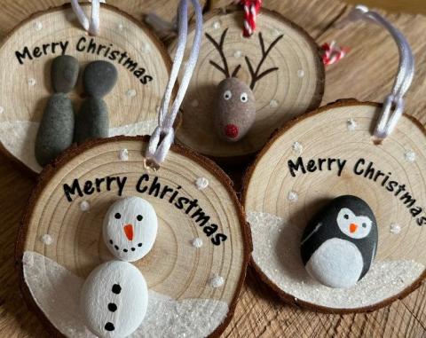 Wood Slice and Pebble Ornament