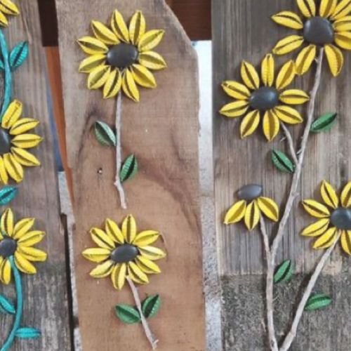 sunflower bottle cap art on wooden pallets