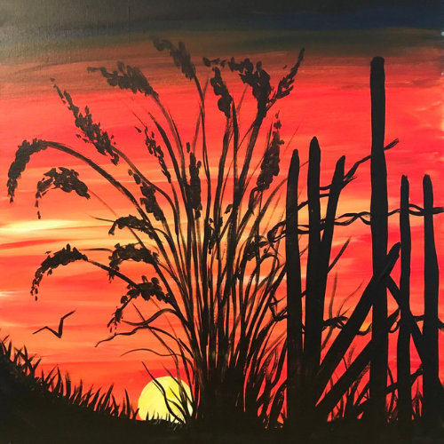 a painting of a sunset with reeds in the foreground