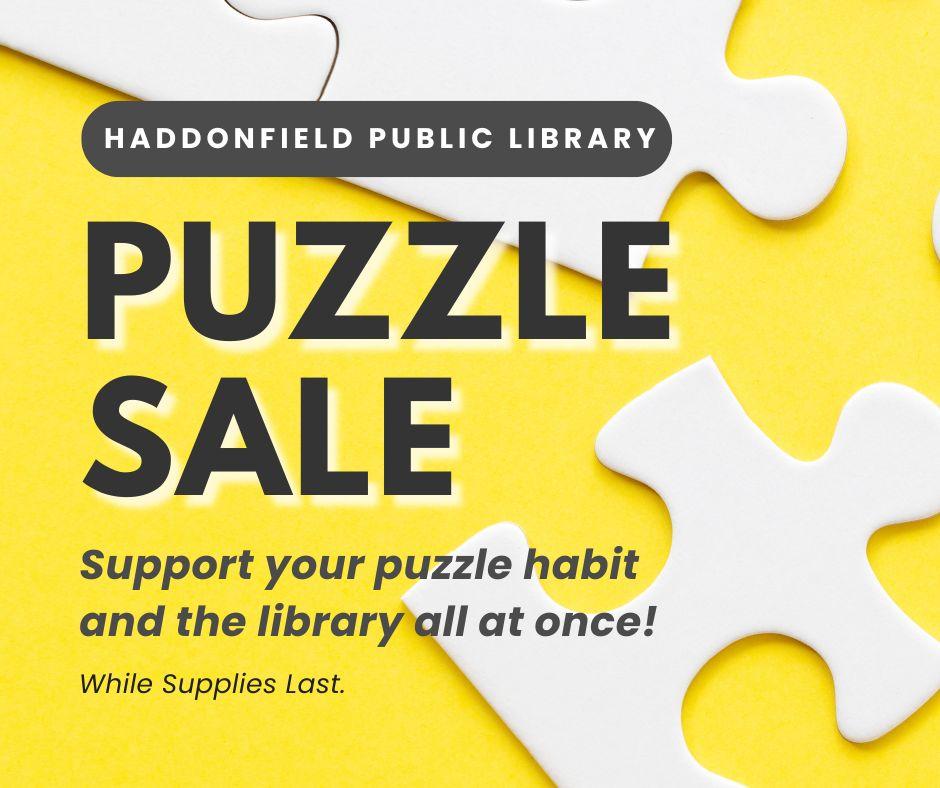 Yellow background with white jigsaw pieces and grey Puzzle Sale text