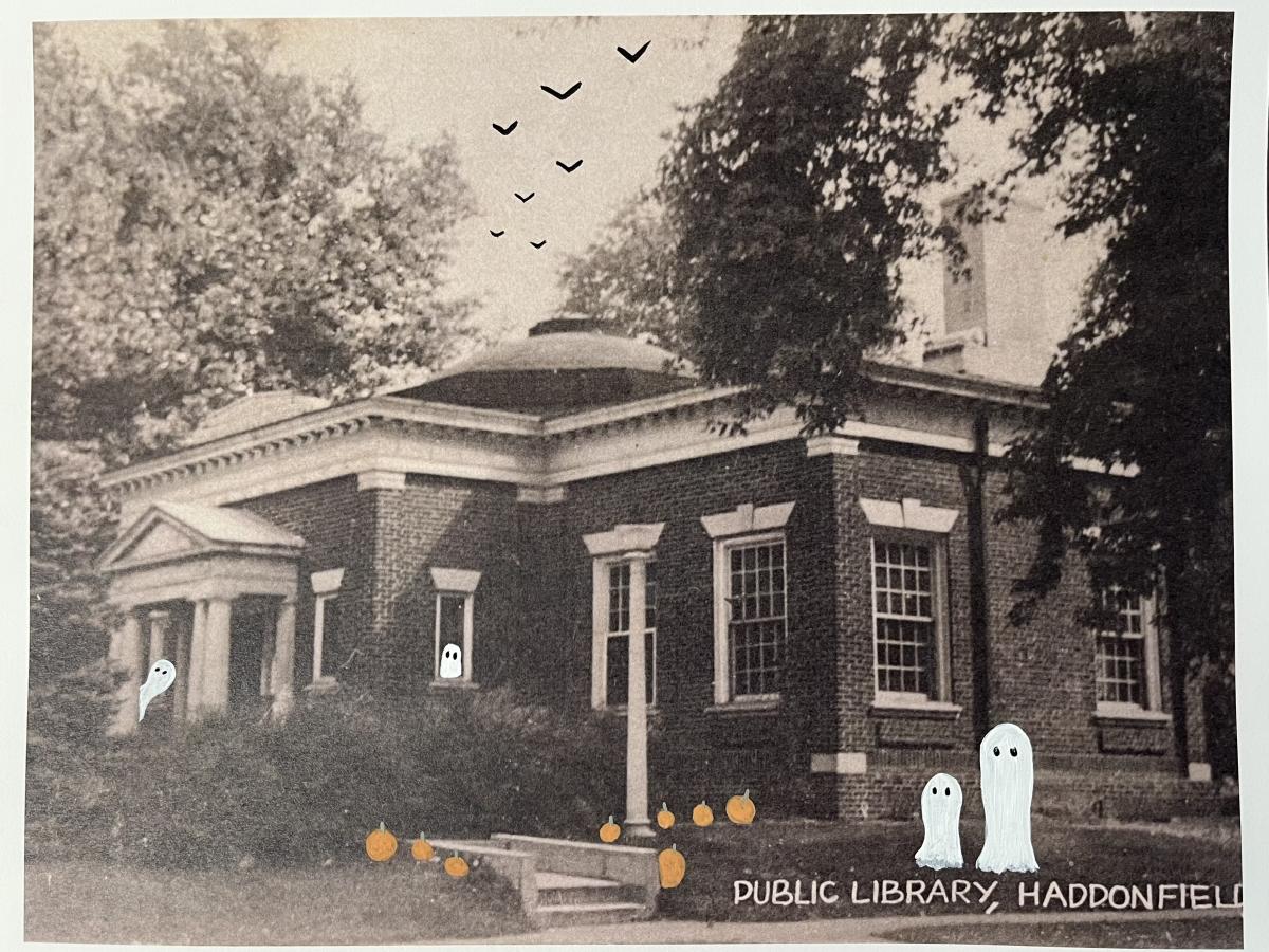 Ghosts, bats and pumpkins painted on old photograph