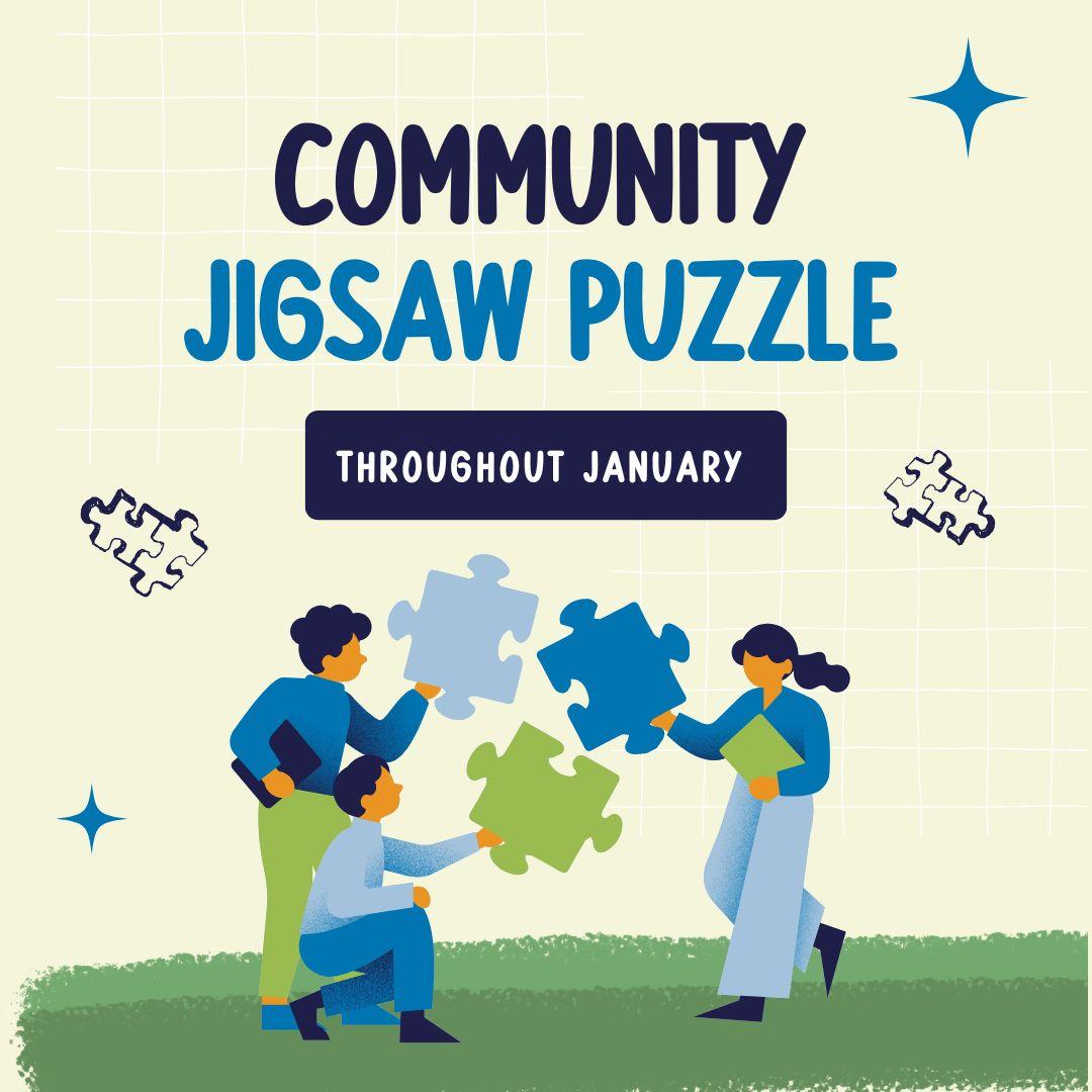 Community Jigsaw Puzzle text with illustrated people holding large jigsaw puzzle