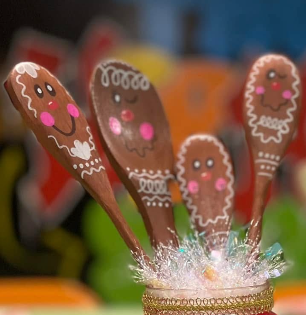 Gingerbread Faces painted on wooden spoons